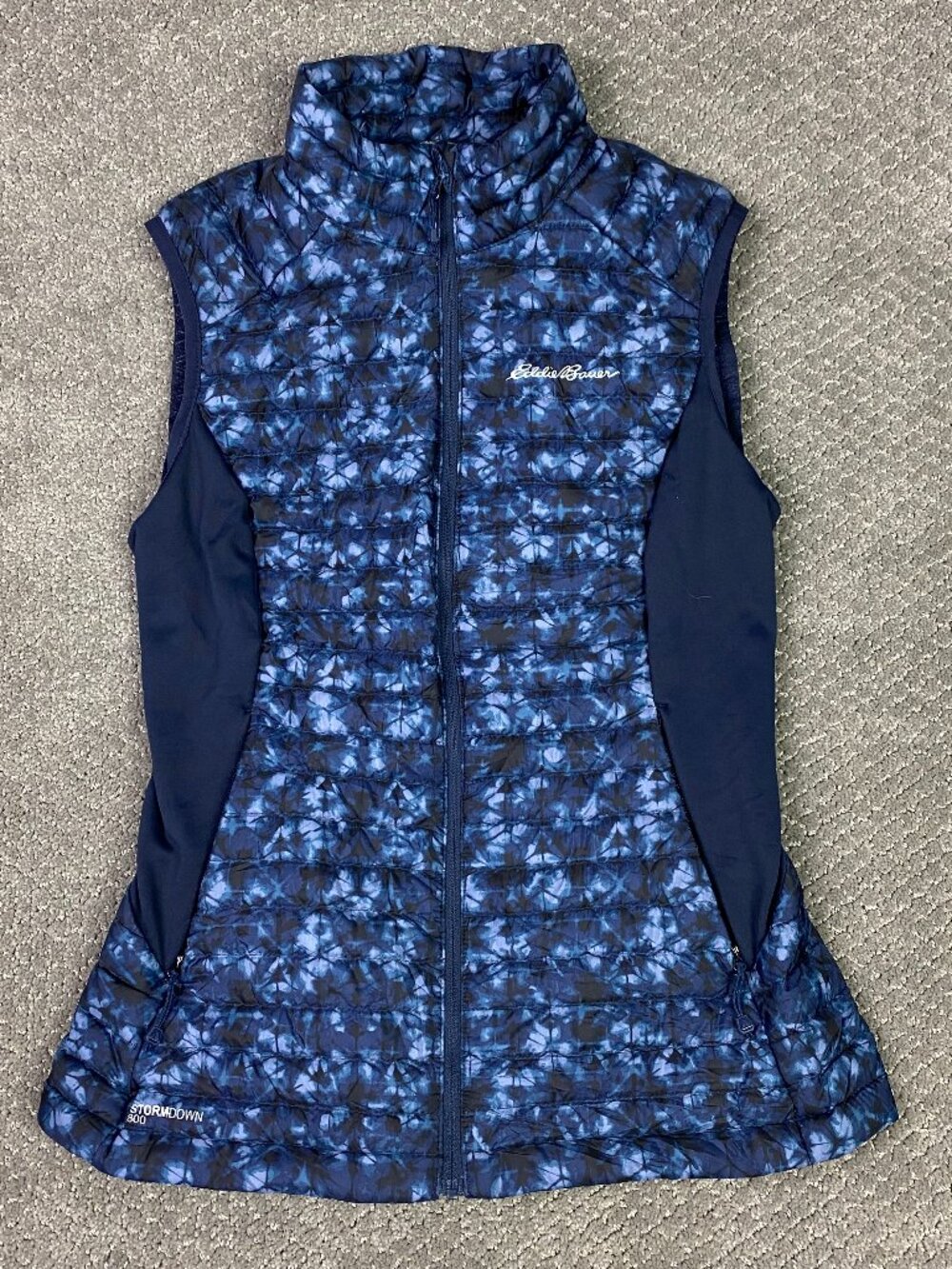 Eddie Bauer Stormdown 800 Puffer Vest Womens XS Blue Black Camo Pertex Quantum